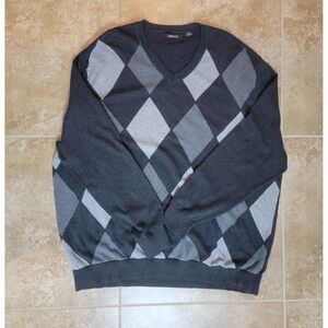 Claiborne Argyle V-Neck Sweater Mens 2XLT Gray Charcoal 100% Cotton Long Sleeve